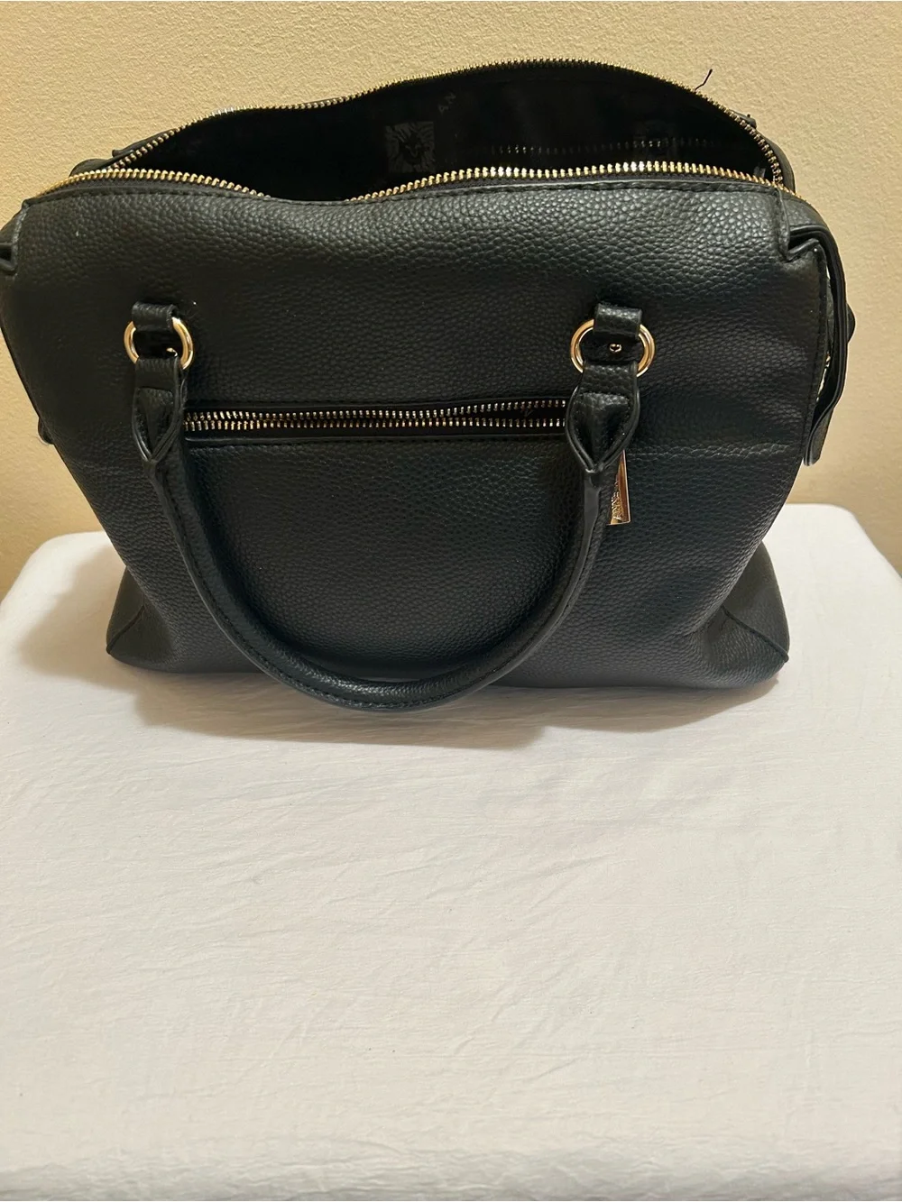 Anne Klein Black Pebble Satchel with Gold Hardware